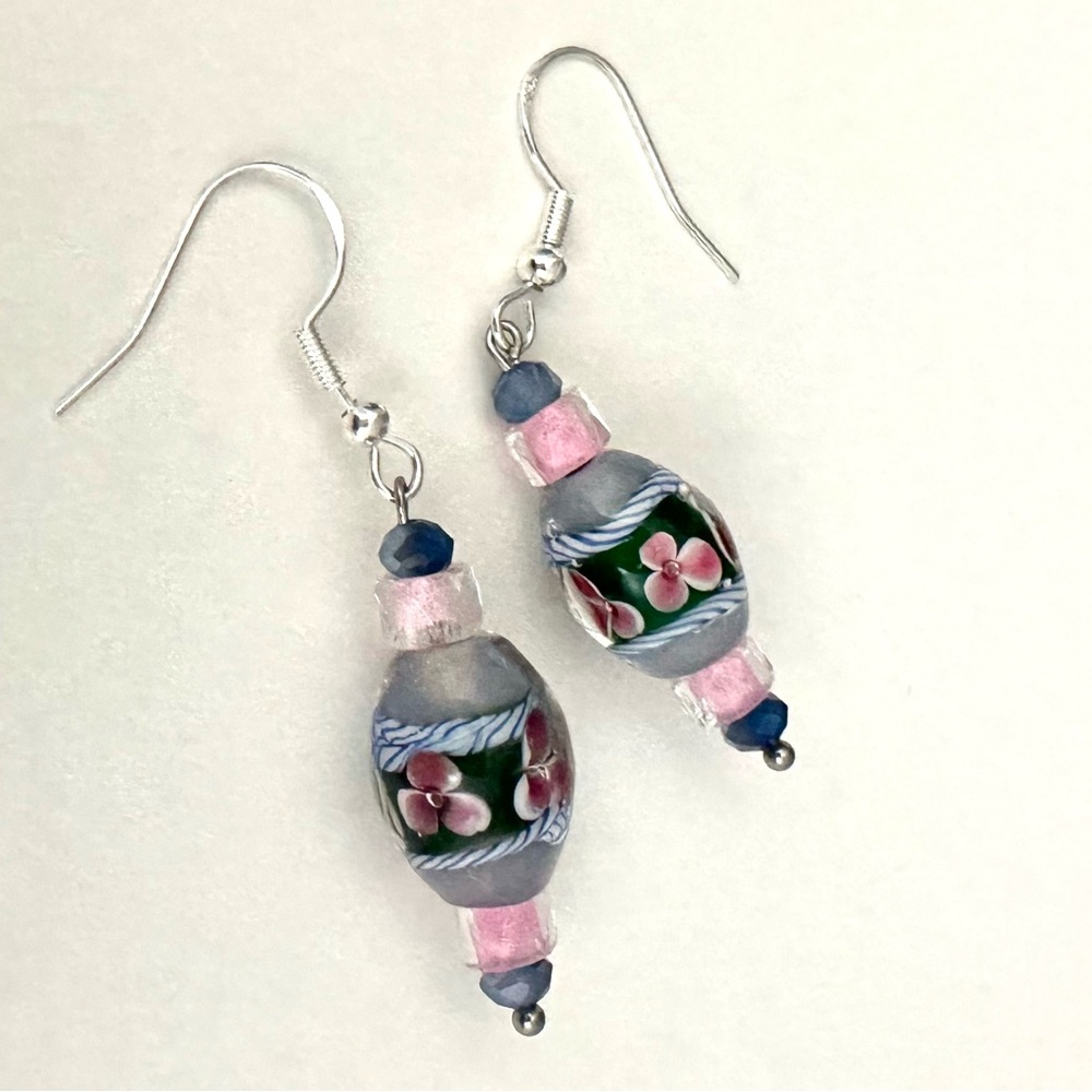Elegant Pink and Blue Lampwork Beaded Earrings with Silver Details.